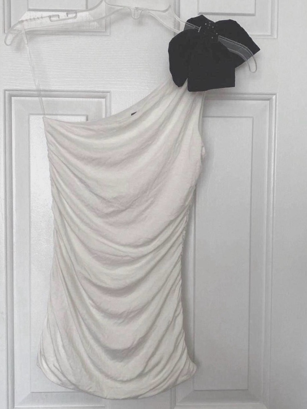 Ing One-Shoulder Ruched Top with Black Bow - Cream white